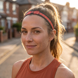 Woman wearing a white shirt and red polka dot headband outdoors