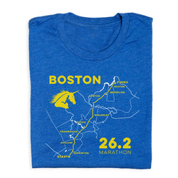 Blue t-shirt with yellow Boston Marathon design on a white background