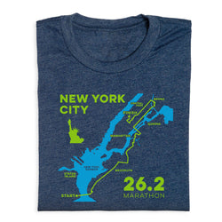 Blue t-shirt with New York City marathon route design on a white background