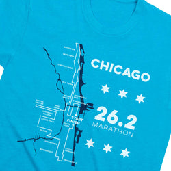A bright blue short-sleeve t-shirt featuring a white graphic print of the Chicago 26.2 Marathon map and text.