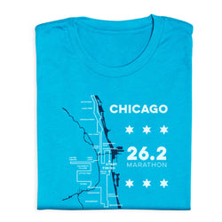 Blue t-shirt with a map of Chicago and marathon details on a white background