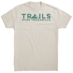 Beige t-shirt with 'Trails Over Treadmills' text in green on a white background