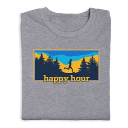 Gray t-shirt with 'happy hour' graphic design featuring a runner and trees on a blue background.