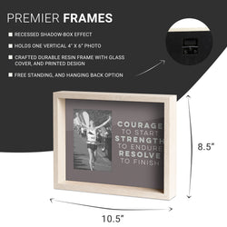 Wooden photo frame with text design, dimensions, and features listed.