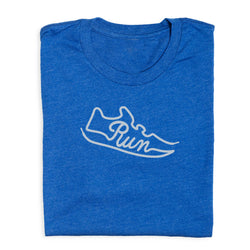 Folded royal blue t-shirt with a white running shoe and 'Run' text design on a white background