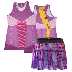 Purple tank top with long hair character design and matching skirt on a white background