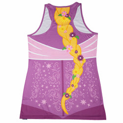 Purple tank top with yellow hair and floral design on a white background