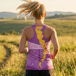 Person running in a field wearing a purple tank top with floral design