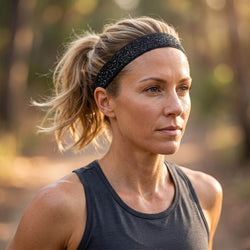 Woman wearing a black tank top and glitter headband outdoors