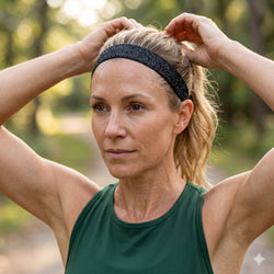 Woman adjusting her glitter headband outdoors with a blurred natural background