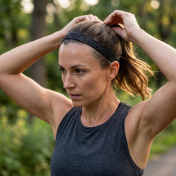 Woman adjusting her hair in a park setting