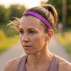 Woman wearing a pink glittery headband outdoors with a blurred natural background