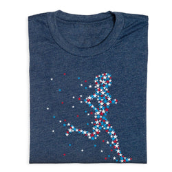 Folded blue t-shirt with a star-shaped design on a white background