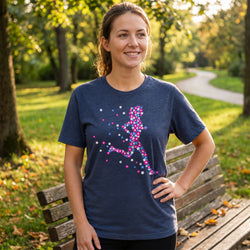 A woman wearing a navy blue t-shirt with a colorful running figure made of pink, purple, and blue flowers, standing on a wooden bench in a sunny park.