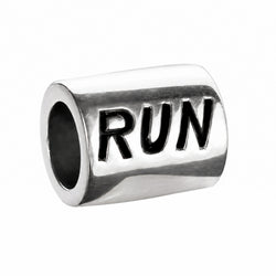 A polished silver cylindrical charm bead featuring the word 'RUN' engraved in bold black letters, shown on a plain white background.