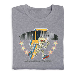 Gray t-shirt with 'Tortured Runners Club' graphic featuring a skeleton and stars on a white background.