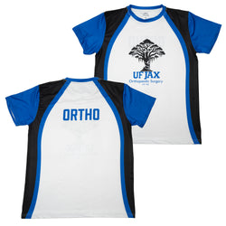 short-sleeve shirt with blue and black accents, featuring 'UFJAX Orthopedic Surgery' and 'ORTHO' text.