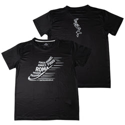 Black t-shirt with white text and design on a white background