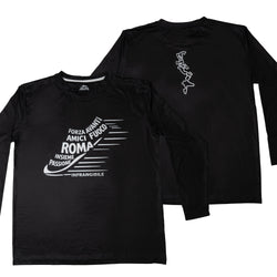 Black long-sleeve shirt with white text and graphics on a white background