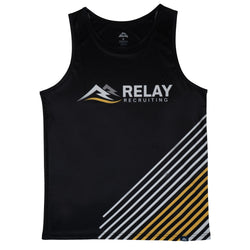 Black tank top with Relay Recruiting logo and design on a white background