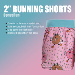 Pink running shorts with donut pattern on a gradient background