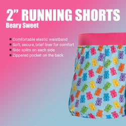Colorful gummy bear patterned shorts on a pink and blue gradient background with product features listed.