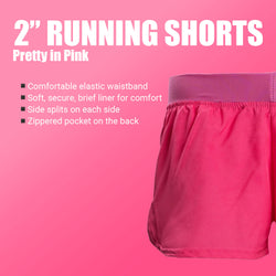 Pink running shorts with features listed on a pink background