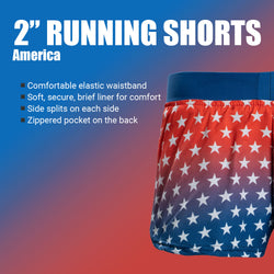 American flag patterned running shorts with product features on a blue and red gradient background