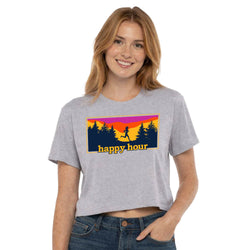 Woman wearing a gray t-shirt with 'happy hour' graphic design on a white background