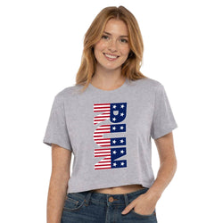 Person wearing a gray t-shirt with a usa run graphic design on a white background