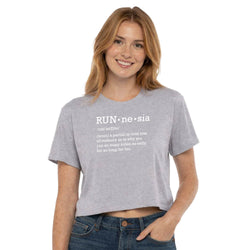 Woman wearing a gray t-shirt with text design on a white background