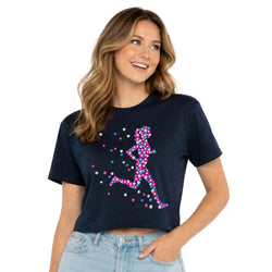 Woman wearing a navy blue t-shirt with a colorful flower runner graphic design on a white background