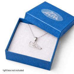 A silver-toned necklace with a shoe-shaped pendant engraved with the word 'run', displayed inside an open blue gift box with a white insert. The box lid has a translucent oval logo reading 'Gone For A Run'.