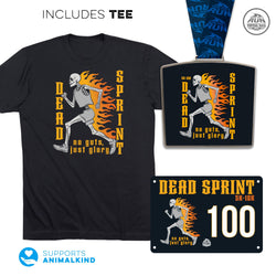 A black graphic T-shirt shown alongside a matching race medal and a commemorative plaque. The shirt features a skeleton runner with orange flames and the text 'DEAD SPRINT no guts, just glory.