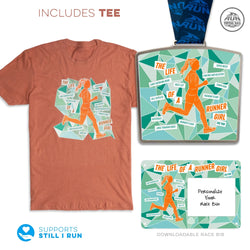 A product listing graphic showing a coral-orange graphic T-shirt alongside a matching race bib and a decorative badge. The shirt and bib feature an illustrated runner over a geometric teal and mint background with orange text reading 'The Life of a Runner Girl.