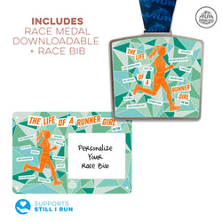 A graphic showing a custom race medal and race bib design for 'The Life of a Runner Girl' race. The medal features a teal geometric background with an orange silhouette of a running girl and white text labels.