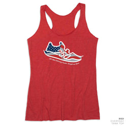 250 Mile Challenge red race tank with 250 Mile American Flag Run Shoe