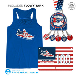 Blue tank top with running shoe design, 250th anniversary medal, and flag-themed card on a white background.