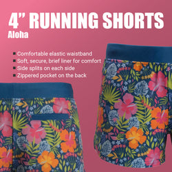 Floral-patterned running shorts with product features on a pink background