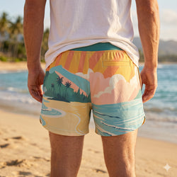 Person wearing colorful running shorts with a tropical design on a beach.