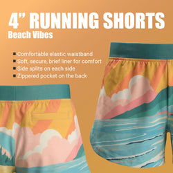 Beach inspired running shorts with feature descriptions