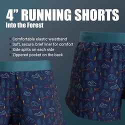 4" Running Shorts with nature pattern on a dark blue background