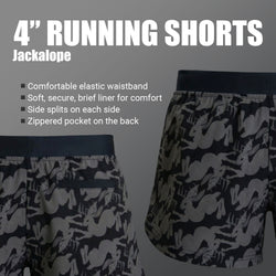 Black shorts with jackalope pattern on a gray background, featuring text about the shorts' features.