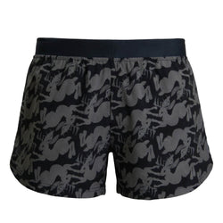 Black shorts with jackalope pattern on a white background