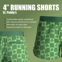 4" running shorts with shamrock pattern showing features