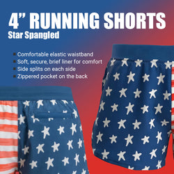 4" running shorts with american flag design showing product features