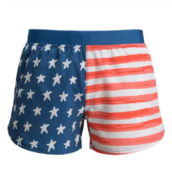 Shorts with American flag design on a white background