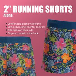 2" running shorts with floral design showing product features