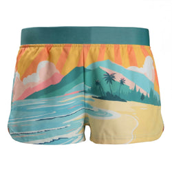 Colorful beach-themed shorts with a tropical design on a white background