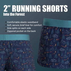 2" running shorts with forest pattern design showing product features on a dark background